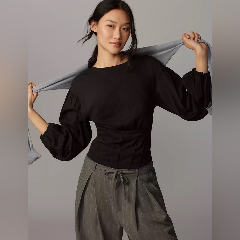 Anthropologie Balloon Sleeve Corset Top Black Women’s Size XS - Picture 1 of 12